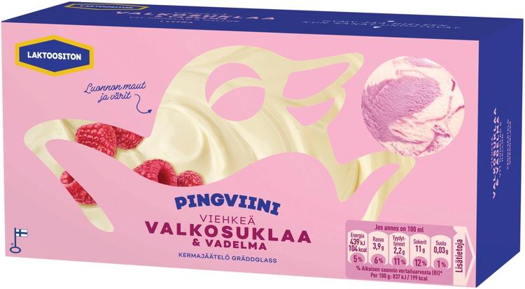 Pingviini Valkosuklaa-Vadelma Laktoositon kermajäätelö kotipakkaus 525g/1L