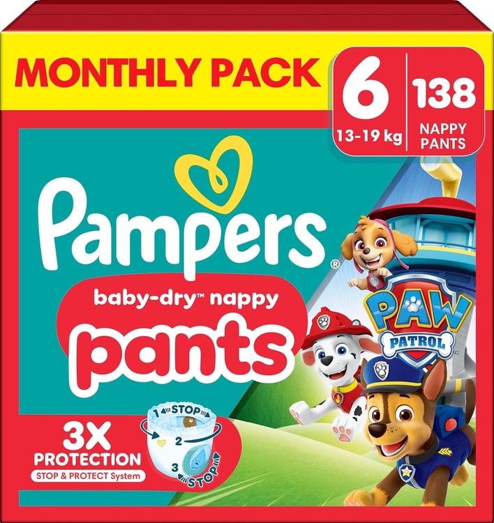 Pampers Baby Dry Nappy Pants S6 14-19kg 138 kpl Paw Patrol housuvaippa