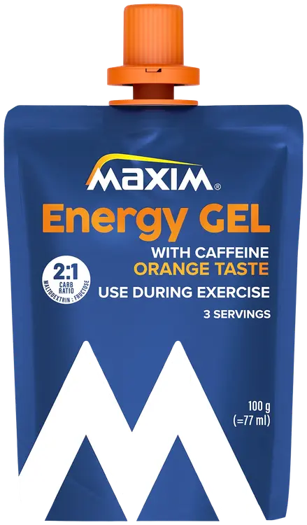 Maxim Energy Gel Orange taste with caffeine appelsiininmakuinen geeli korkea kofeiinipitoisuus käytetään suorituksen aikana 100g