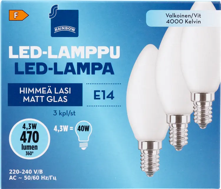 Rainbow LED-kynttilälamppu 4,3 W E14 4000 K 470 lm himmeä lasi 3 kpl