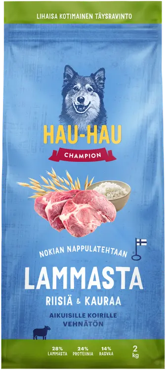 Hau-Hau Champion Nokian Nappulatehtaan Lammasta, riisiä & kauraa täysravinto aikuisille koirille 2 kg