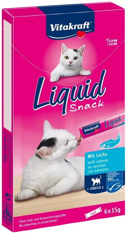 Vitakraft Liquid snack Nestemäinen välipala vähintään 3 kuukauden ikäisille kissoille lohi + omega 3 6x15g