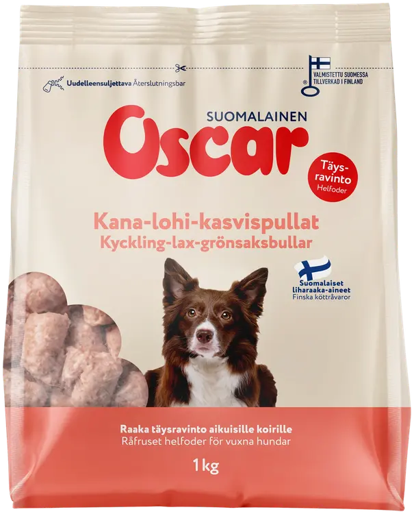 Oscar Kana-lohi-kasvispullat raakapakastettu täysravinto koirille 1kg