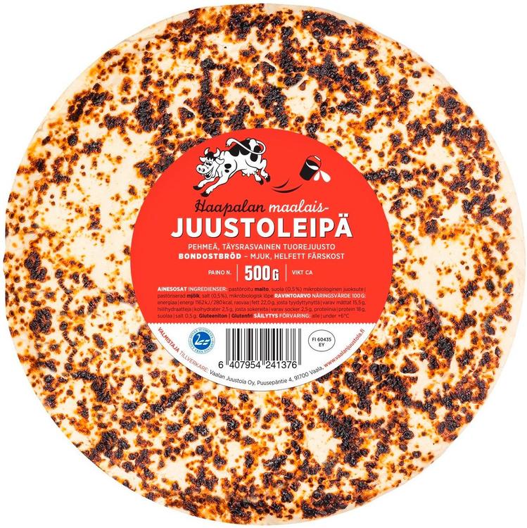 Haapala n500g juustoleipä, 1.luokkainen, pehmeä, täysrasvainen, kypsyttämätön tuorejuusto