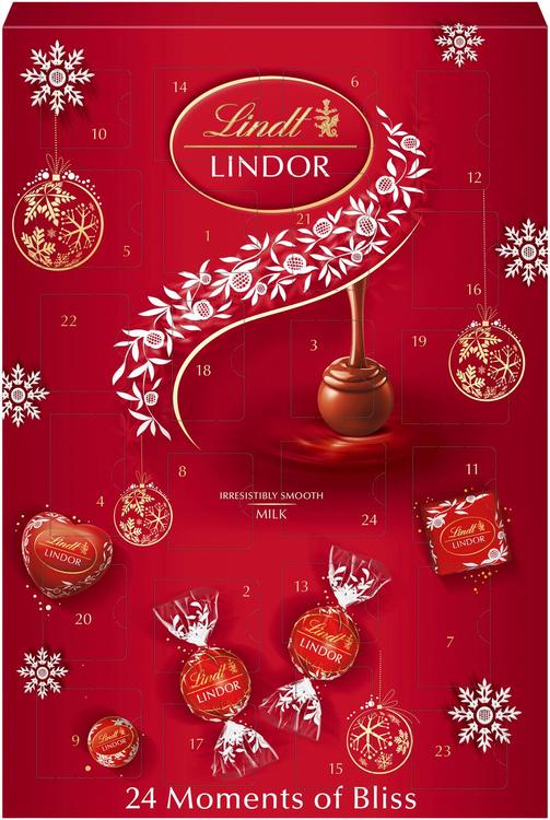 Lindt LINDOR Bliss suklaakalenteri 30 kpl valikoima LINDOR-konvehteja hienoimmasta maitosuklaasta pehmeällä täytteellä 4 eri muodossa 268g