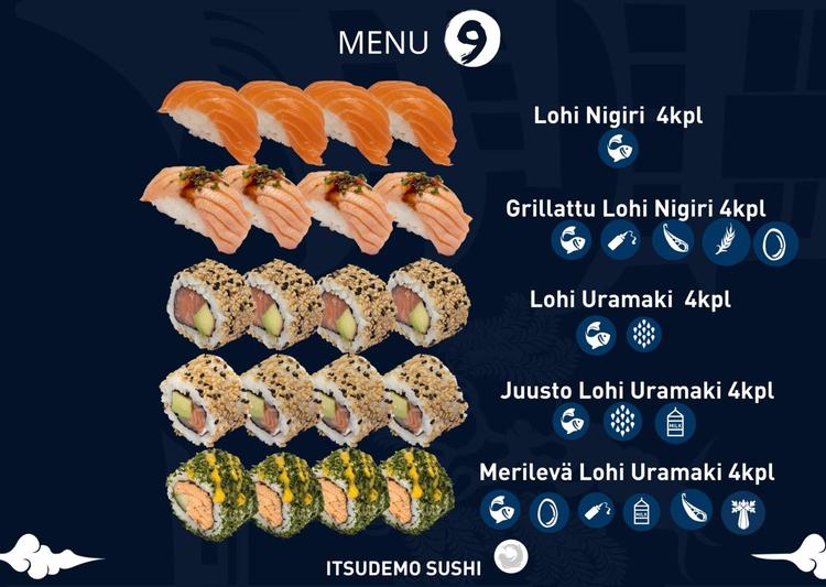 Itsudemo sushi box, 4*Lohi nigiri, 4*Grillattu Lohi nigiri, 4* Juusto Lohi Uramaki, 4*Lohi Uramaki, 4* Wakame Uramaki