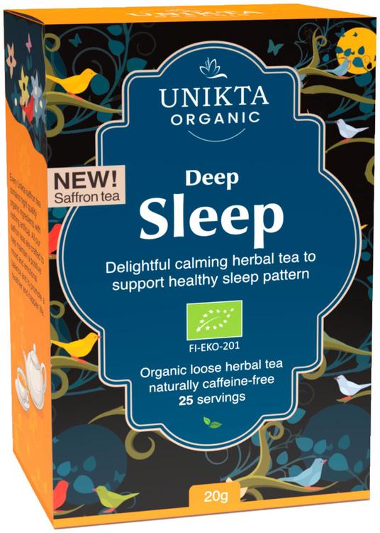 Unikta deep sleep erittäin rentouttava luomu uni yrttitee. Sisältää kamomillaa ruusua sahramia ja leventelia. 20g irto 25 kuppia kofeiiniton.