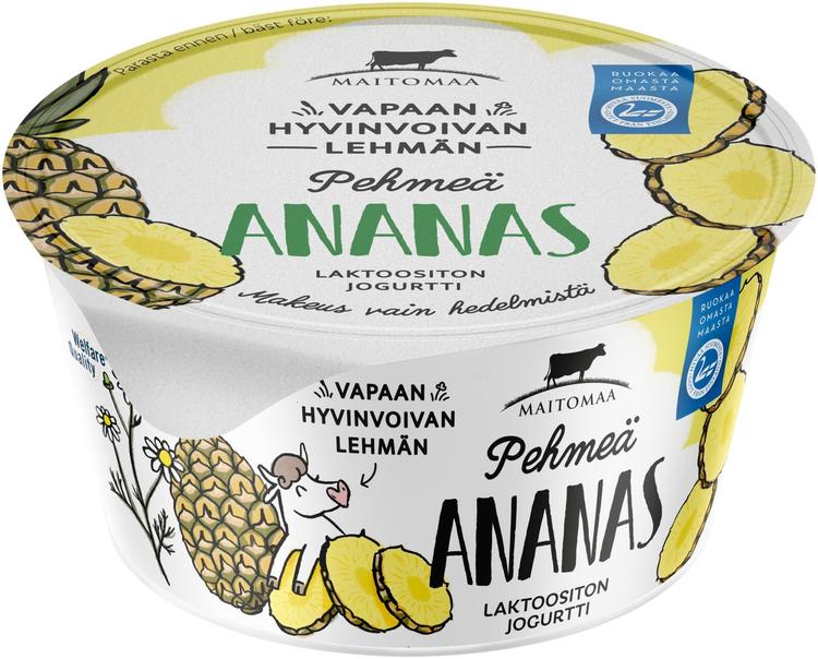Maitomaa Vapaan hyvinvoivan lehmän Pehmeä ananasjogurtti, laktoositon 140g