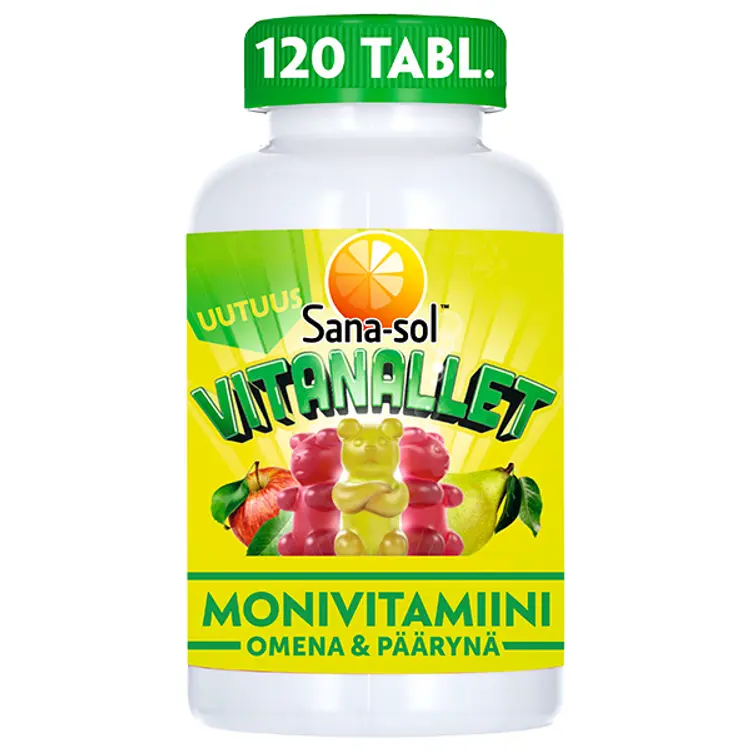 Sana-sol Vitanallet Omena & Päärynä pehmeä, sokeriton ja pureskeltava monivitamiinivalmiste 120kpl