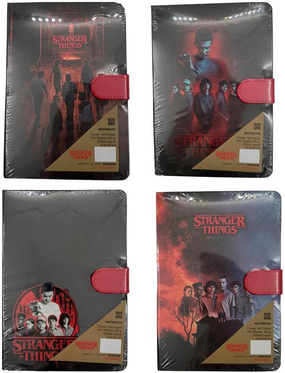 Stranger Things A5 muistikirja sulkijalla & kirjainmerkkinauhalla, erilaisia