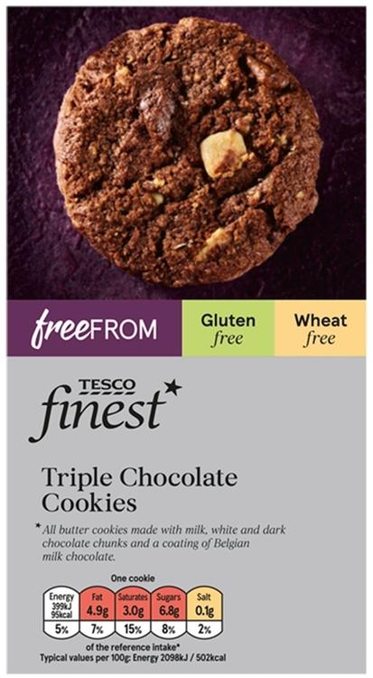 Tesco Finest Free From 150 g Triple Chocolate Cookies kolmen suklaan keksi gluteeniton