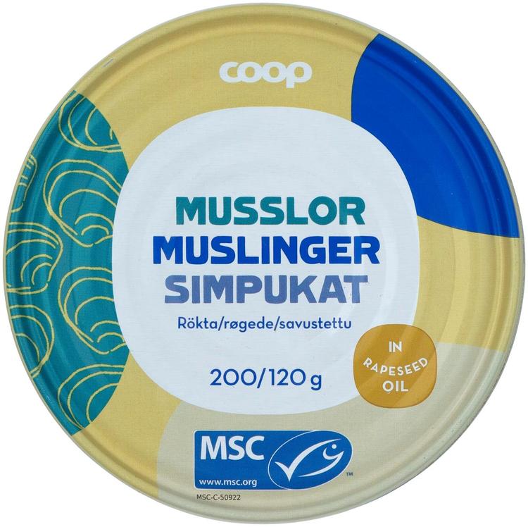 Coop savustetut sinisimpukat öljyssä MSC 200/120 g