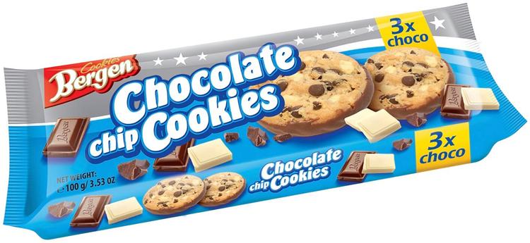 Bergen Original Cookies 3x Choco 100g suklaahippukeksejä valko- ja maitosuklaalla sekä tummasuklaalla