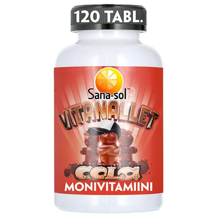 Sana-sol Vitanallet Cola pehmeä, sokeriton ja pureskeltava kolanmakuinen monivitamiinivalmiste ravintolisä 120kpl / 240g