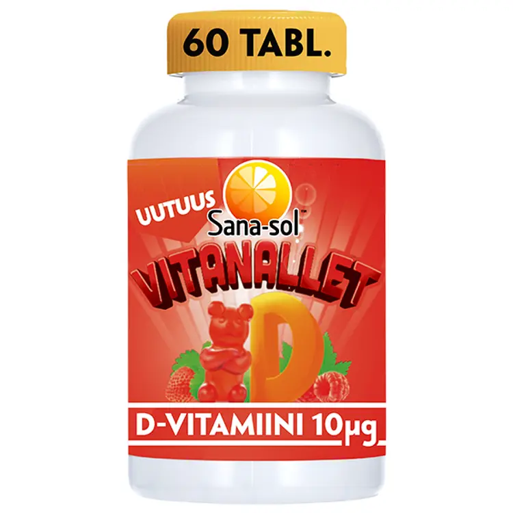 Sana-sol Vitanallet D-vitamiini 10µg Mansikka/vadelma pehmeä, sokeriton ja pureskeltava D-vitamiinivalmiste 60kpl