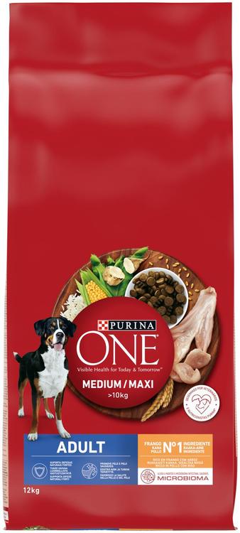 Purina ONE 12kg Medium/Maxi Adult runsaasti kanaa, sisältää riisiä koiranruoka