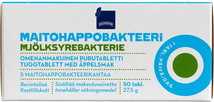 Rainbow maitohappobakteeri omenanmakuinen purutabletti ravintolisä 27,5 g/ 50 tablettia