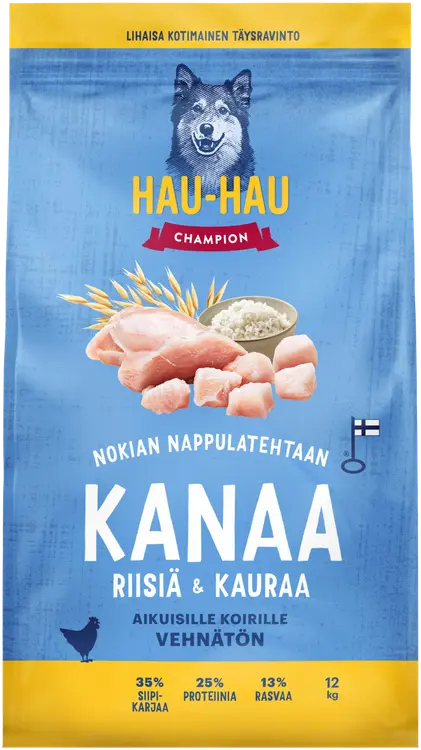 Hau-Hau Champion Nokian Nappulatehtaan Kanaa, riisiä & kauraa täysravinto aikuisille koirille 12 kg