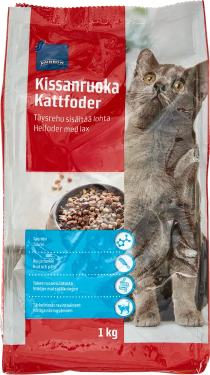 Rainbow 1kg kissan kuivaruoka, sisältää lohta