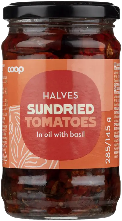 Coop aurinkokuivattu tomaatti puolikkaina öljyssä 285/145 g
