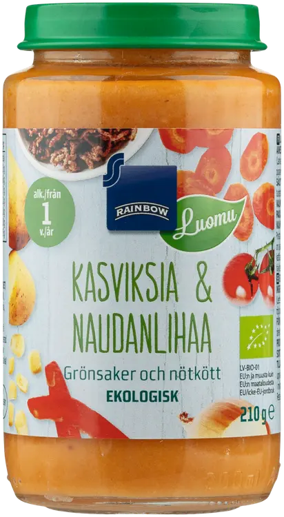 Rainbow kasviksia ja naudanlihaa luomu 210 g 12 kk