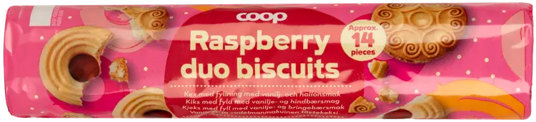 Coop vaniljan- ja vadelmanmakuinen täytekeksi 175 g