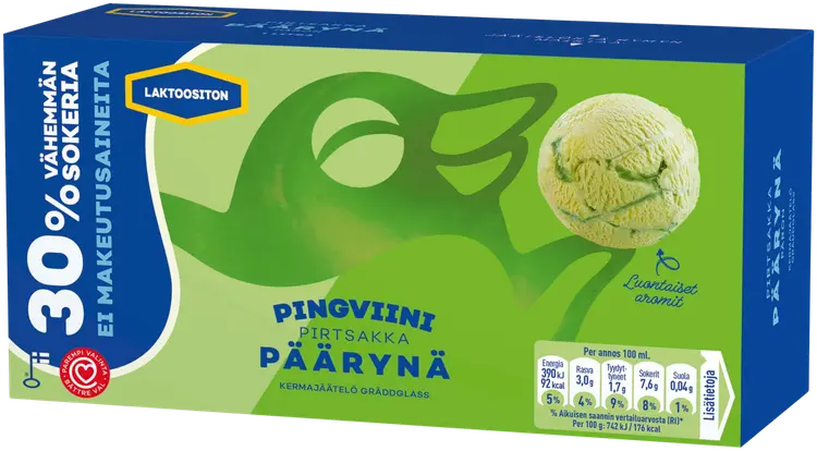 Pingviini Päärynä Vähemmän sokeria Laktoositon kermajäätelö kotipakkaus 525g/1L