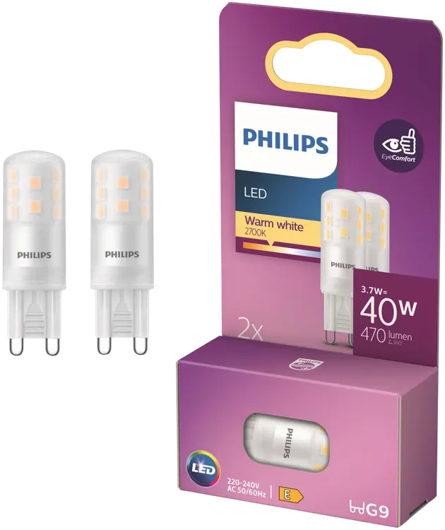Philips LED lamppu G9  3.7W 2700K 470LM  2 kpl