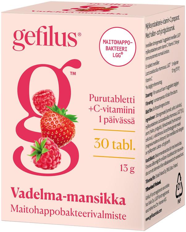 Gefilus vadelma-mansikka maitohappobakteeri-C-vitamiinivalmiste purutabletti 30tabl 13g ravintolisä