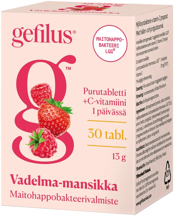 Gefilus vadelma-mansikka maitohappobakteeri-C-vitamiinivalmiste purutabletti 30tabl 13g ravintolisä