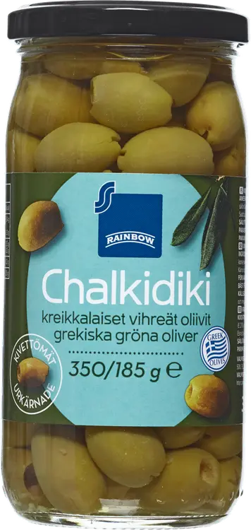 Rainbow Chalkidiki kreikkalaiset kivettömät oliivit 350/185 g