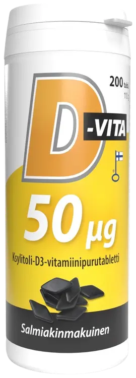D-Vita 50 ug salmiakinmakuinen 200 tabl ksylitoli-D3-vitamiinipurutabletti