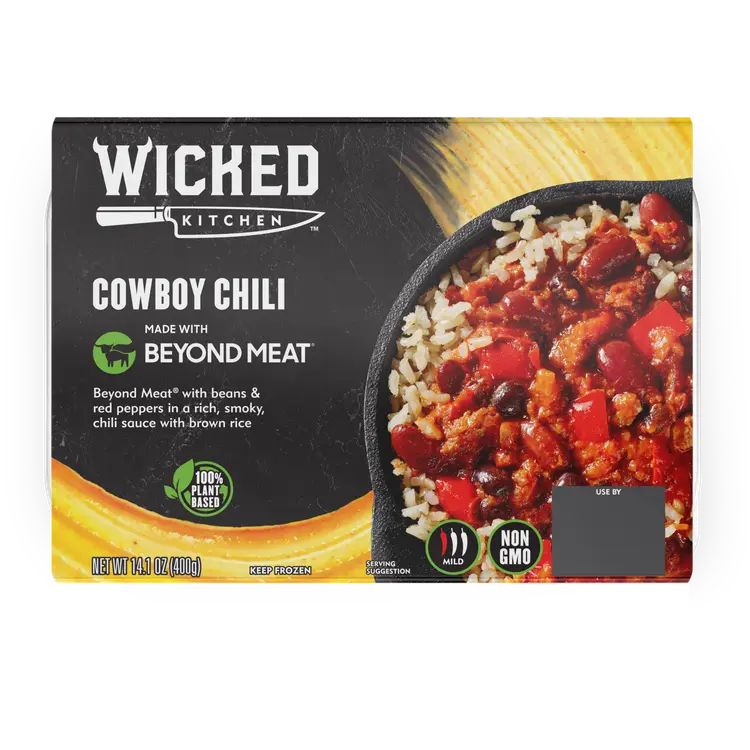 Wicked Kitchen - Mausteinen Beyond Meat®  herneproteiiniseos, kypsennettyjä papuja ja grillattua punaista paprikaa chilikastikkeessa kypsennetyn ruskean riisin kera. Pakaste.