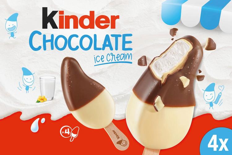Kinder-jäätelö 4-pack 152g. Maitojäätelö (58,8 %) maitoisalla (31,2%) ja maitosuklaa kuorrutteella.