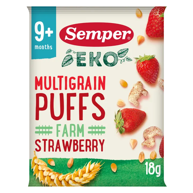 Semper EKO Multigrain Puffs Strawberry 9kk luomunaksu 18g