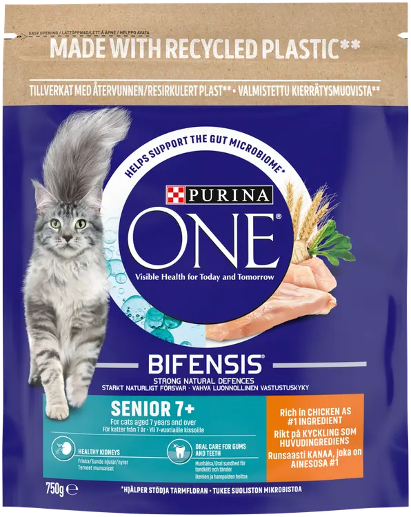Purina One 750g senior 7+, sisältää runsaasti kanaa kissanruoka