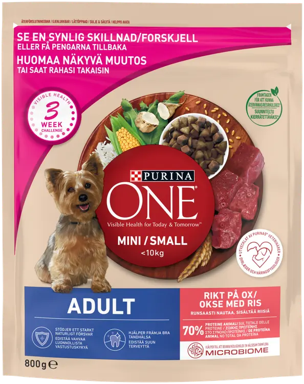Purina ONE 800g Small Dog <10kg Adult Runsaasti Nautaa, sisältää Riisiä koiranruoka