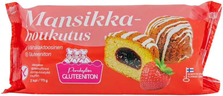 Porokylän Mansikkahoukutus 2 kpl / 170 g gluteeniton mansikkatäytemuffinssi