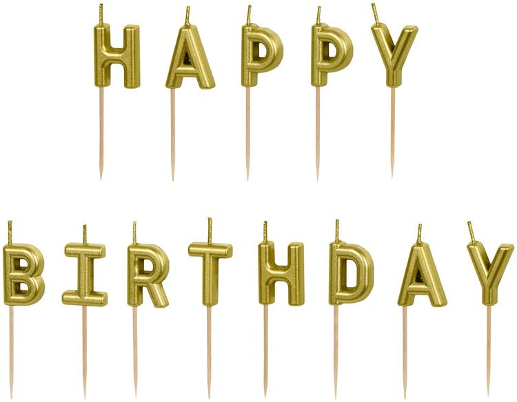 Syntymäpäivä kakkukynttilät "Happy Birthday" kullanväriset, kynttilän korkeus n. 2,5 cm, kokonaiskorkeus tikulla n. 7 cm. Sisältää puiset tikut. Pakkaus sisältää 13 kynttilää.