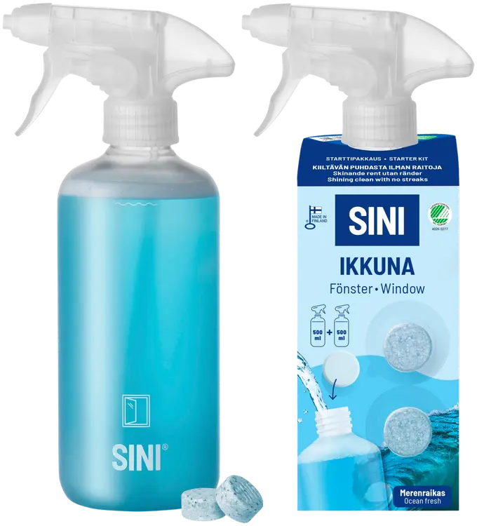 SINI Ikkunapuhdistusaine, starttipakkaus – pullo + 2 tablettia