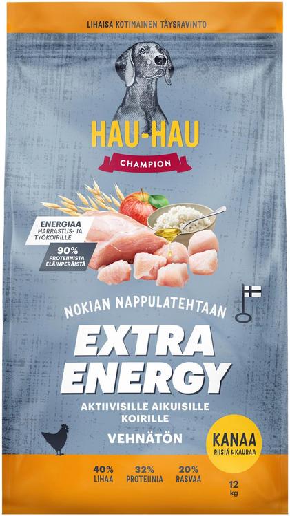 Hau-Hau Champion Nokian Nappulatehtaan Extra Energy Kanaa, riisiä & kauraa täysravinto aktiivisille koirille 12 kg