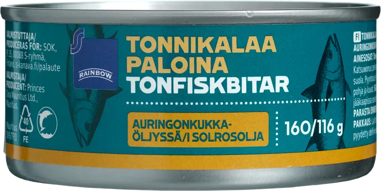 Rainbow 160/116g tonnikalaa paloina auringonkukkaöljyssä MSC
