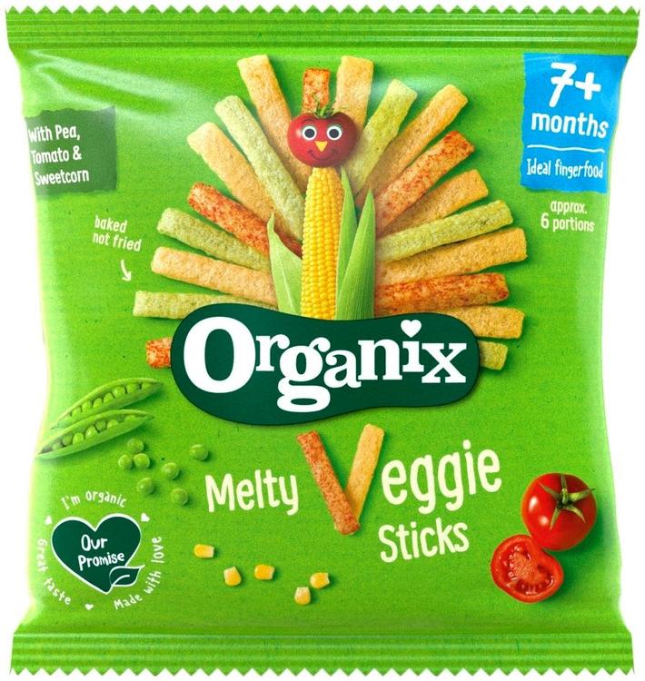Organix Melty Veggie Sticks 15g Luomu Maissi- & riisitikut herneistä ja tomaatista alkaen 7kk, lasten naksut