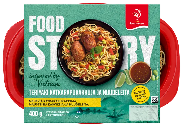 Saarioinen Teriyaki katkarapukakkuja ja nuudeleita; katkarapupyöryköitä ja maustettuja nuudeleita+teriyakikastike 400g