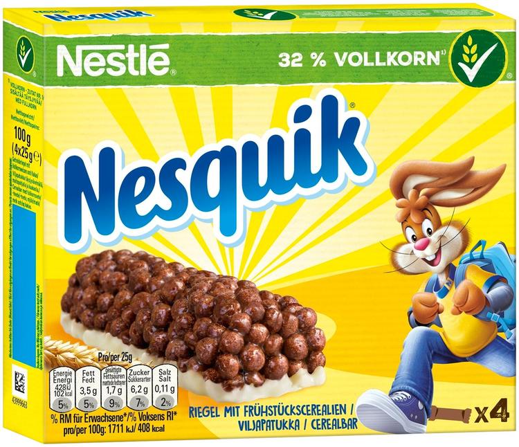 Nestlé Nesquik 4x25g viljapatukka täysjyvävehnällä, maitopohjalla ja kaakaolla