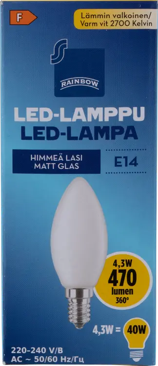 Rainbow LED-kynttilälamppu 4,3W E14 2700K 470lm huurrettu lasi