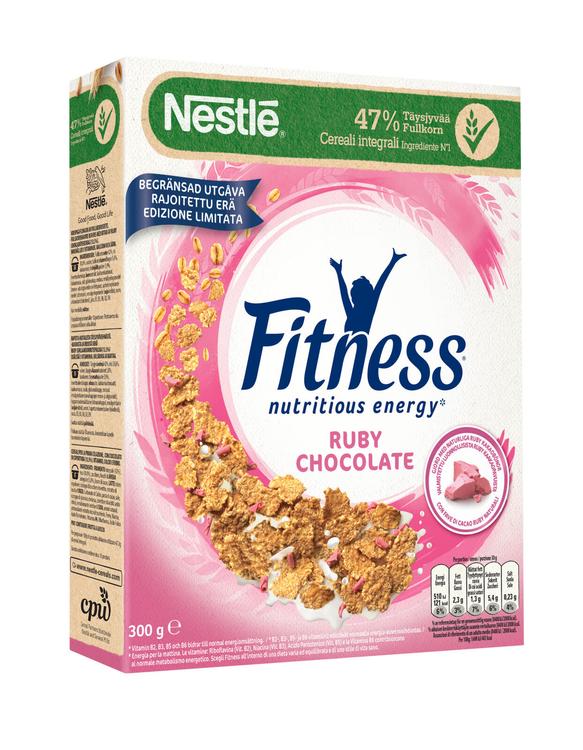 Nestlé Fitness Ruby Chocolate 300g rapeita hiutaleita täysjyvävehnästä, -kaurasta ja riisistä sekä ruby-suklaapaloja (13,5%)