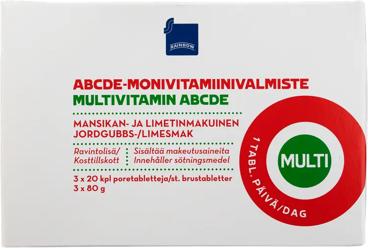 Rainbow ABCDE-monivitamiiniporetabletti mansikan- ja limenmakuinen ravintolisä 3x20kpl/3x80g