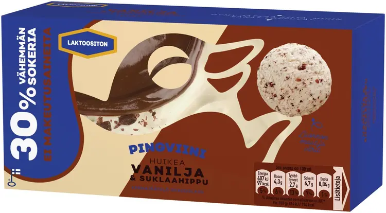 Pingviini Vanilja & Suklaahippu Vähemmän sokeria Laktoositon kermajäätelö kotipakkaus 500g/1L