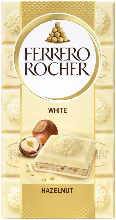 Ferrero Rocher White -valkosuklaalevy 90g. Täytettyä valkosuklaata (60%) hasselpähkinätäytteellä (37%) ja hasselpähkinän paloilla.